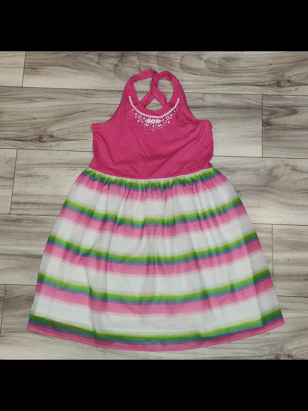 1989 Place Girls' Hot Pink Halter Dress  White, Green Stripes Size 14